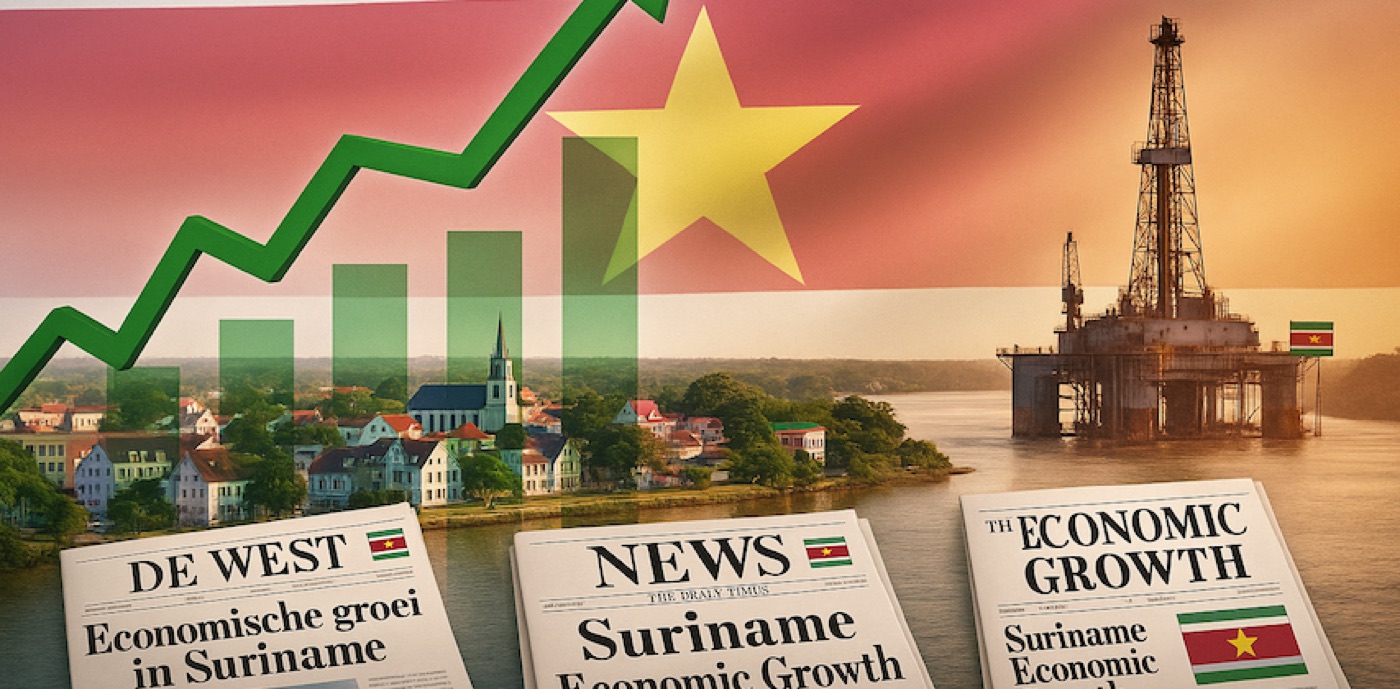 Suriname newspaper headlines on economic growth, alongside a growth chart and oil rig